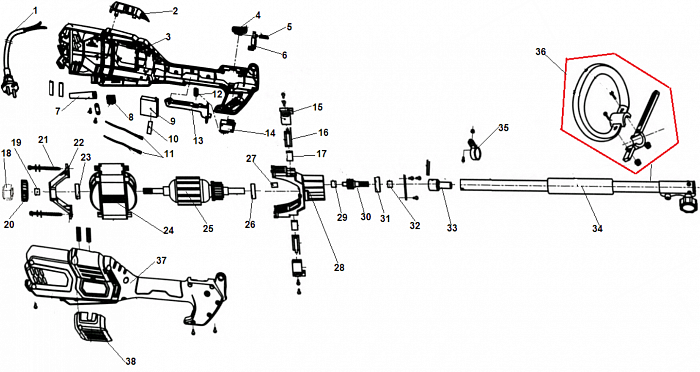 1 Электродвигатель - Щетки - Якорь - Статор - Выключатель ТРИММЕР ЭЛЕКТРИЧЕСКИЙ CHAMPION ET1200А