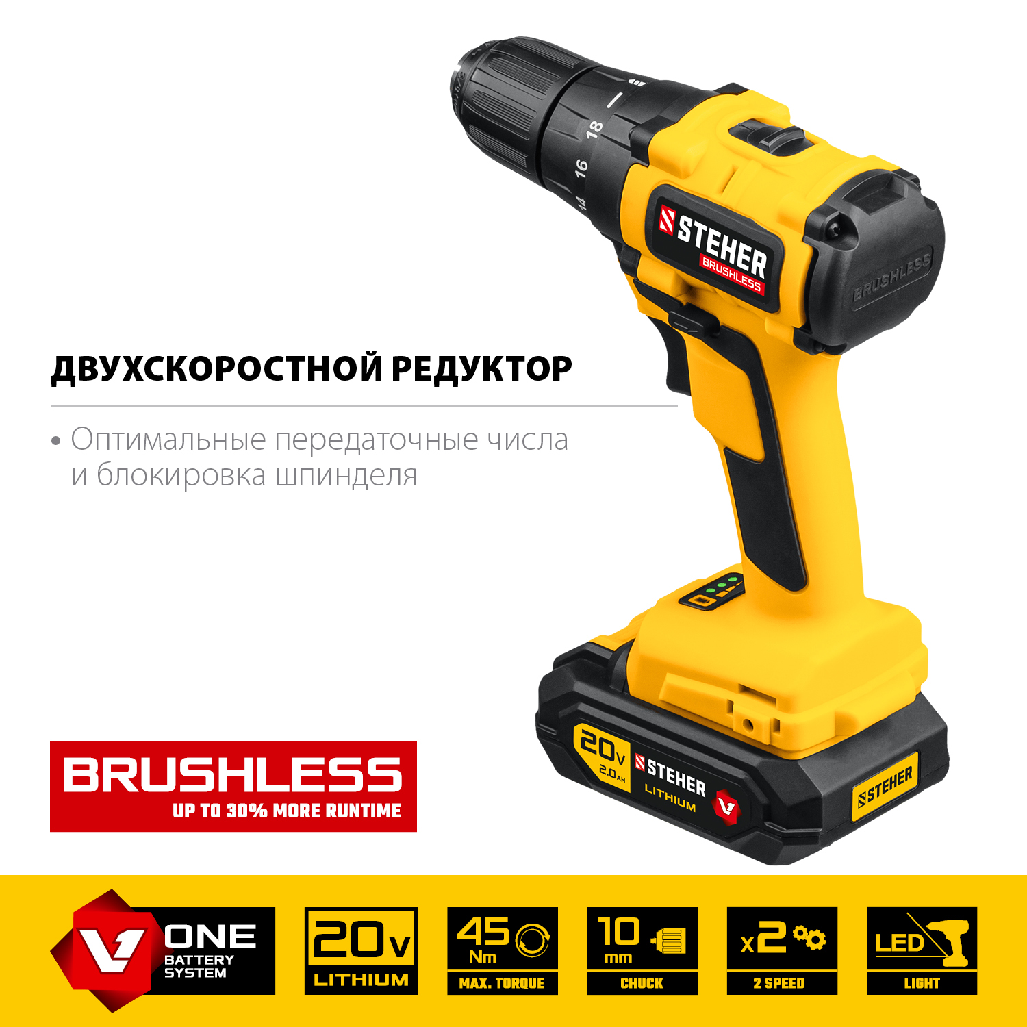 Бесщеточная дрель-шуруповерт, 2 АКБ (2 Ач), в кейсе CDB-200-2